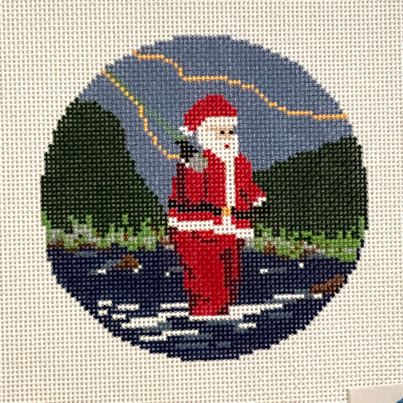 Sporty Santa Fly Fishing Ornament needlepoint canvas - Bargello Needlepoint