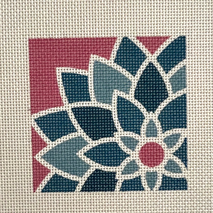 Square Teal Graphic Flower needlepoint canvas - Bargello Needlepoint