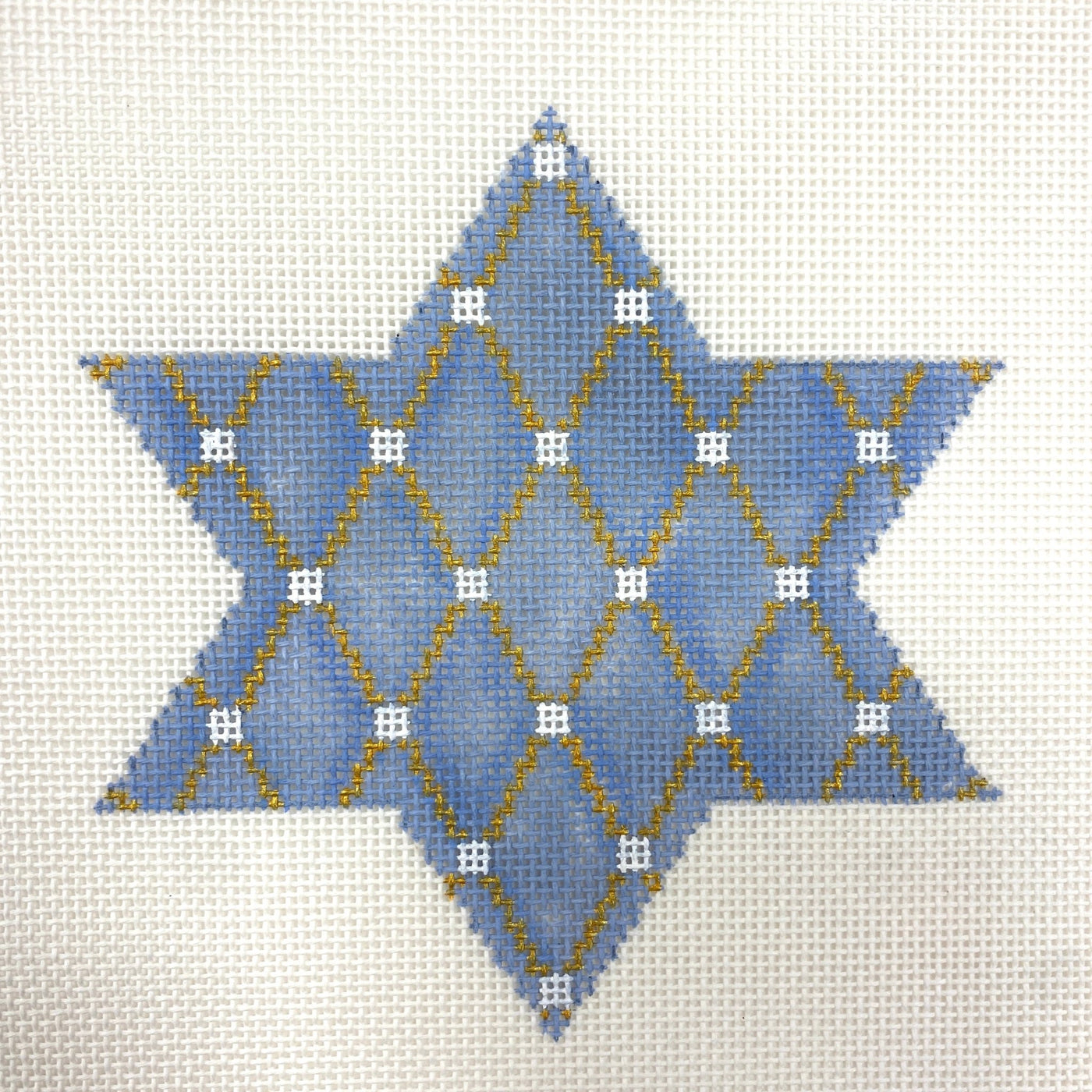 Star Snowflake Blue, Gold and White Dots Ornament needlepoint canvas - Bargello Needlepoint