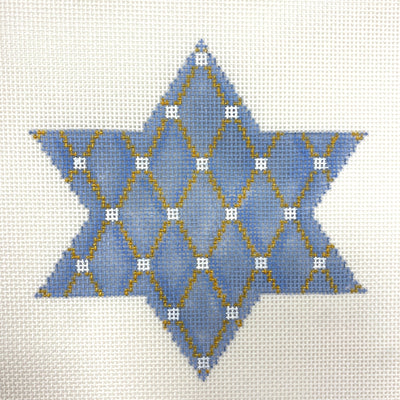 Star Snowflake Blue, Gold and White Dots Ornament needlepoint canvas - Bargello Needlepoint