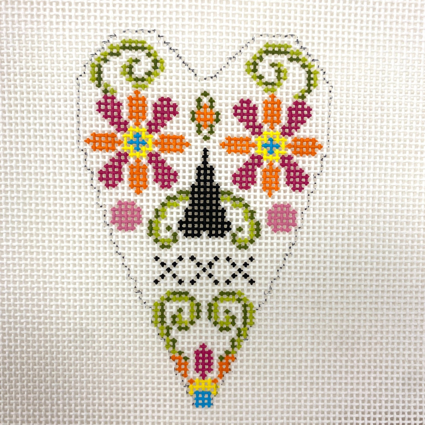 Sugar Skull Heart needlepoint canvas - Bargello Needlepoint