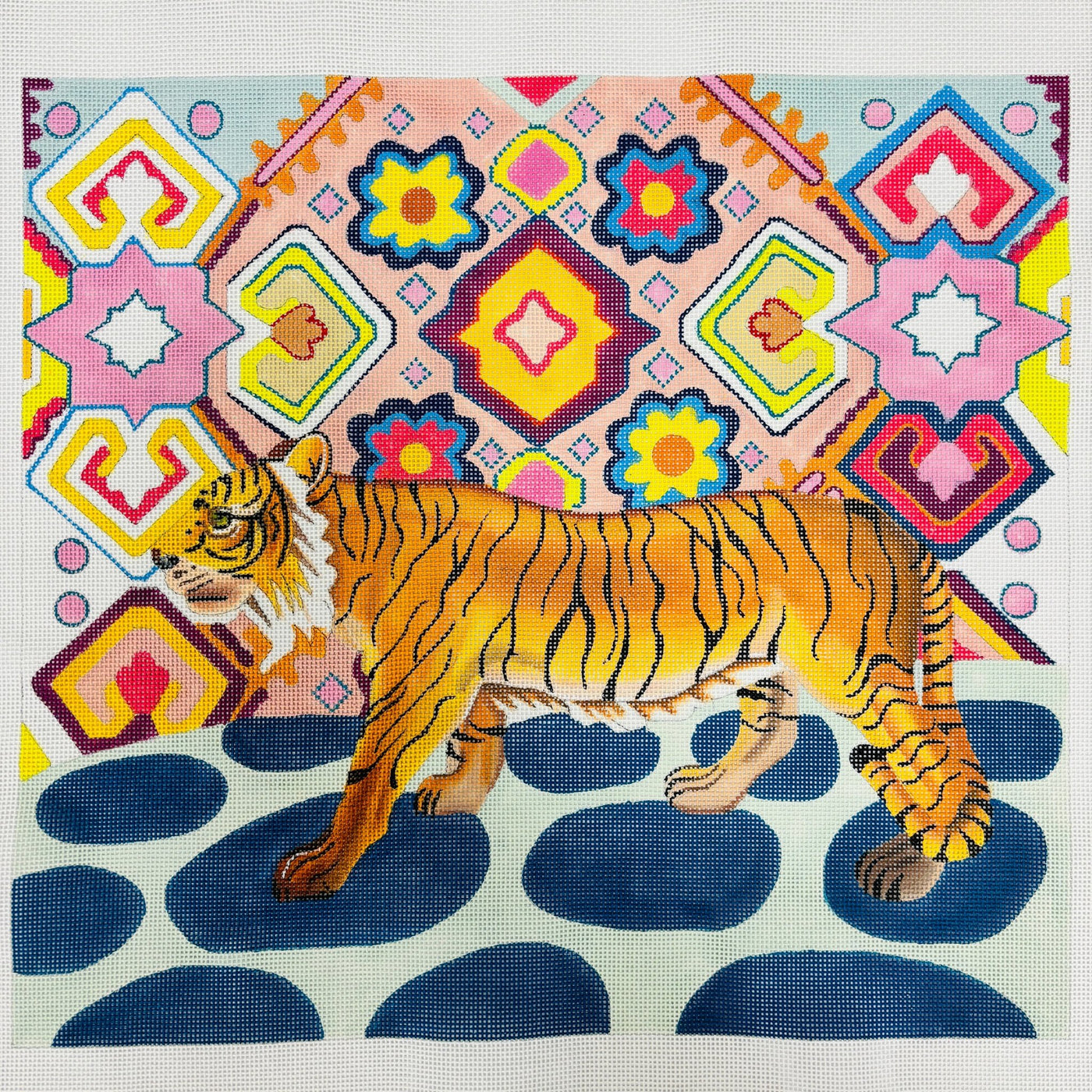 Tiger With Whimsy Background needlepoint canvas - Bargello Needlepoint