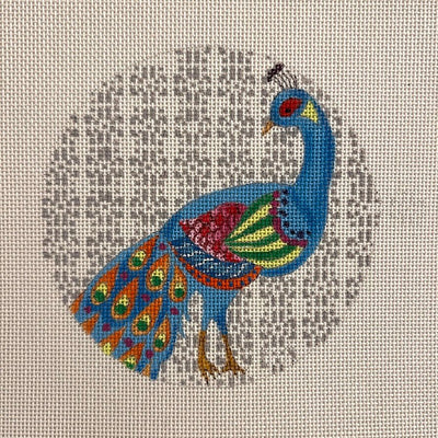 Turquoise Peacock on Gray Ornament needlepoint canvas - Bargello Needlepoint