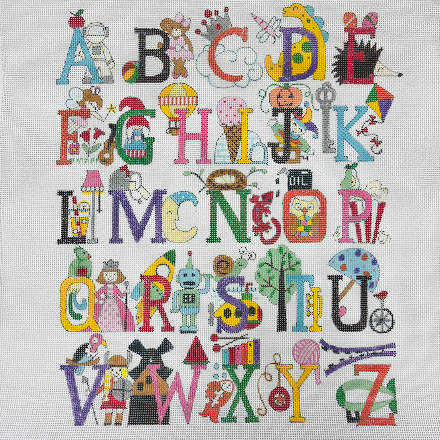 Upper Case Alphabet with Astronaut needlepoint canvas - Bargello Needlepoint