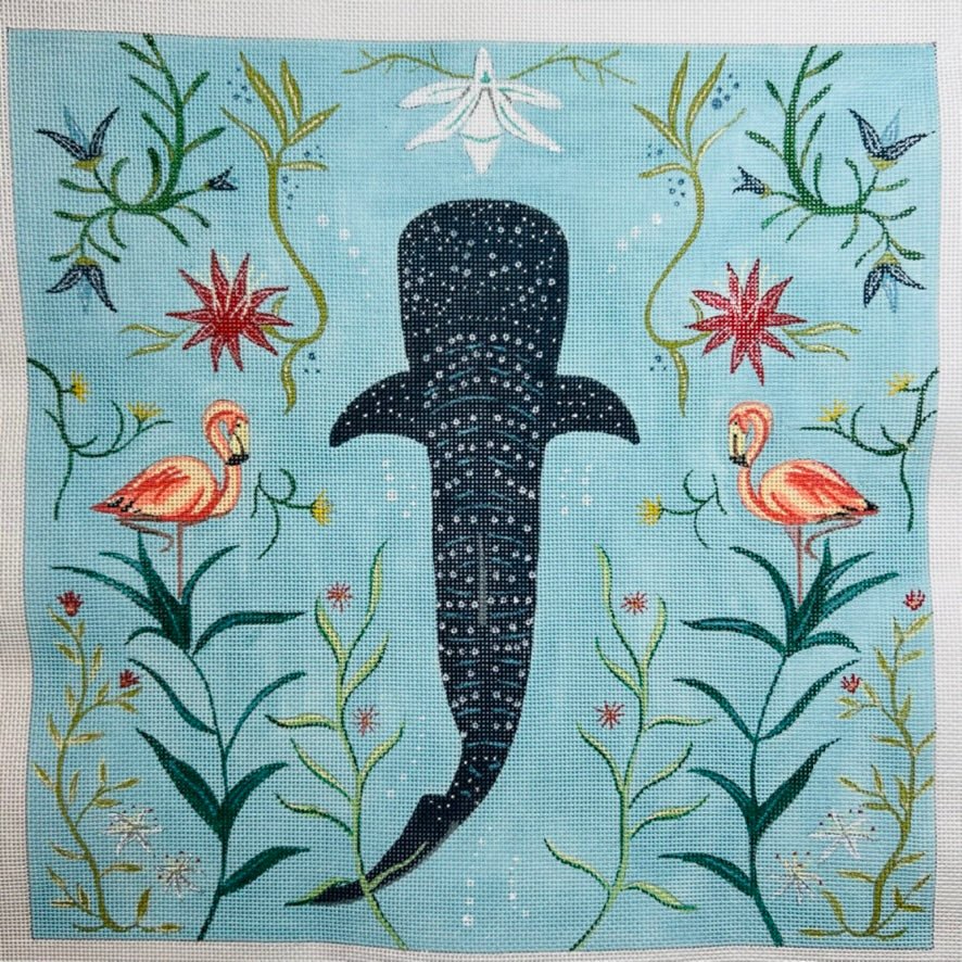 Whale Shark with Botanicals needlepoint canvas - Bargello Needlepoint