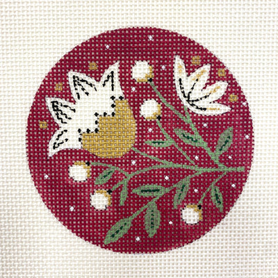 White Flowers on Red Round Ornament needlepoint canvas - Bargello Needlepoint