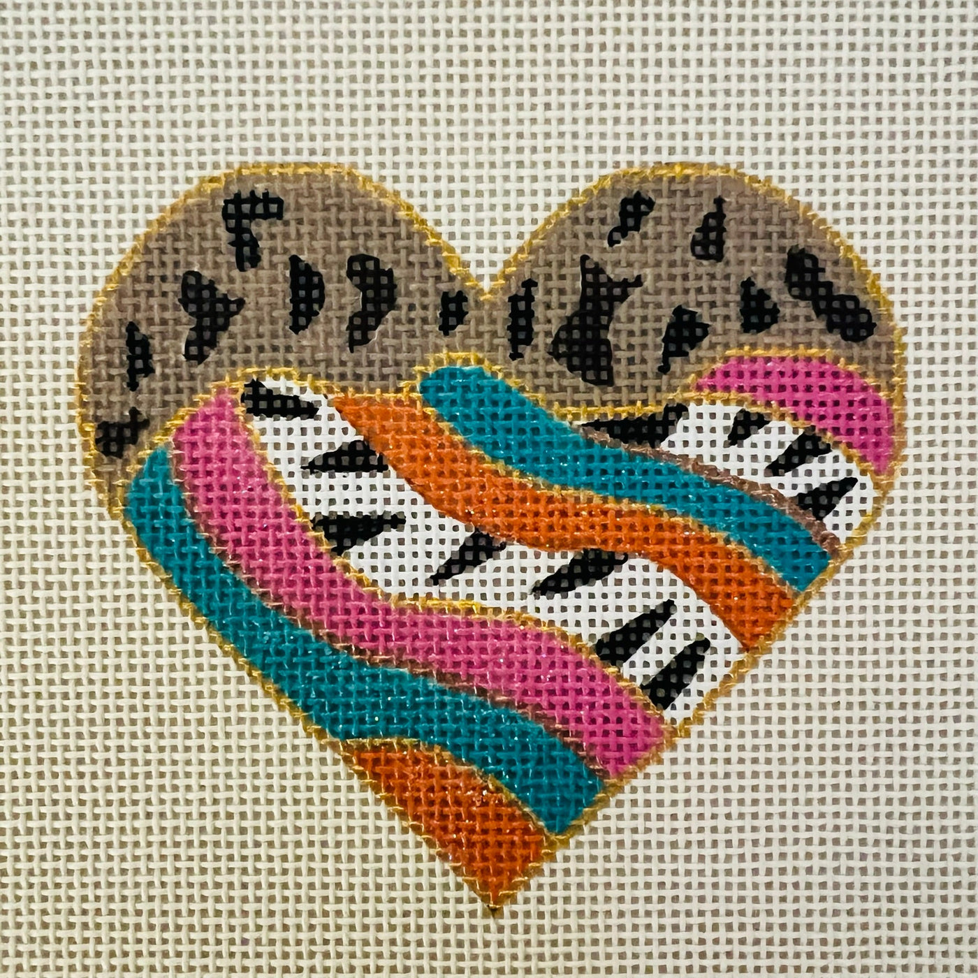 Wild Animal Print & Sparkle Heart needlepoint canvas - Bargello Needlepoint