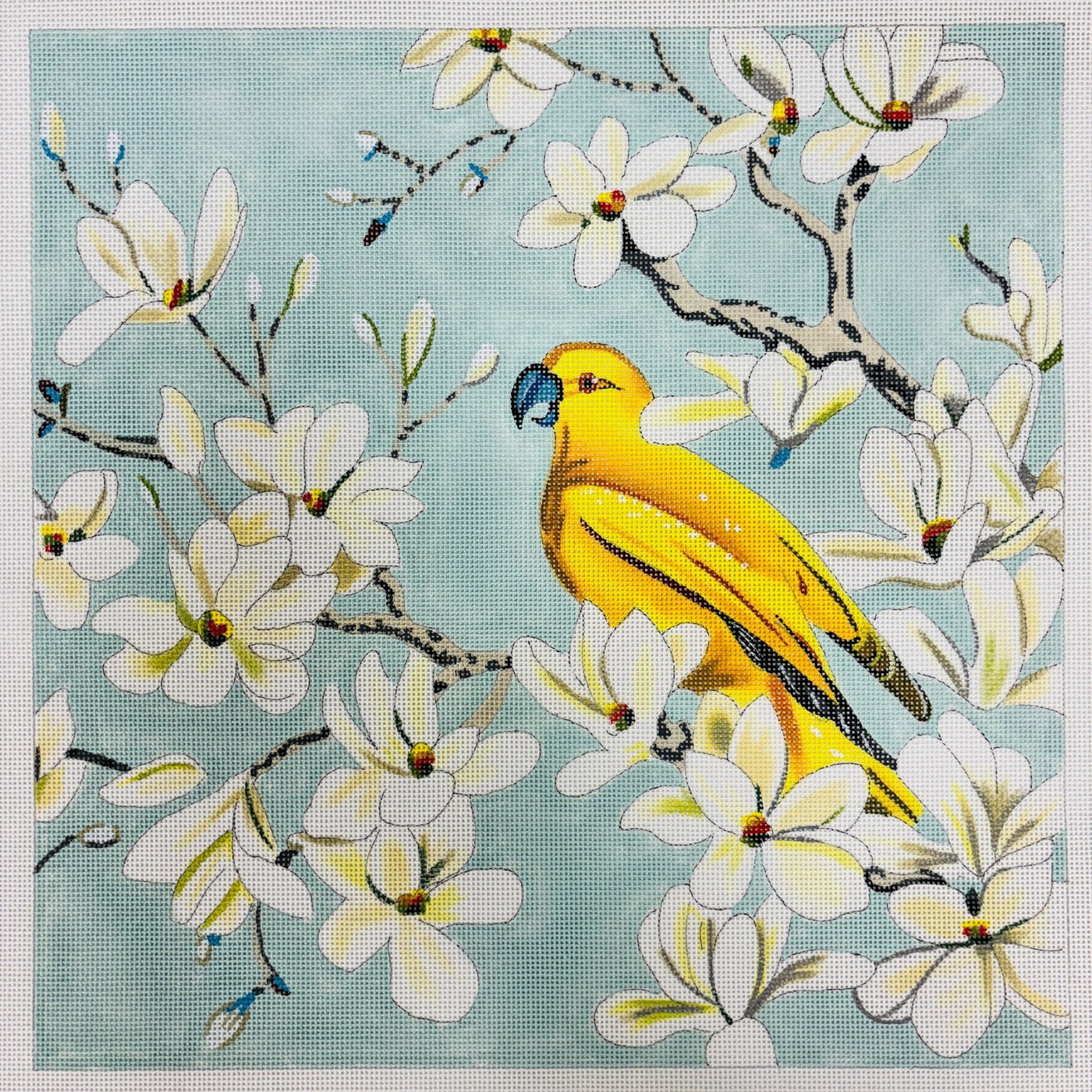 Yellow Parrot With White Flowers needlepoint canvas - Bargello Needlepoint