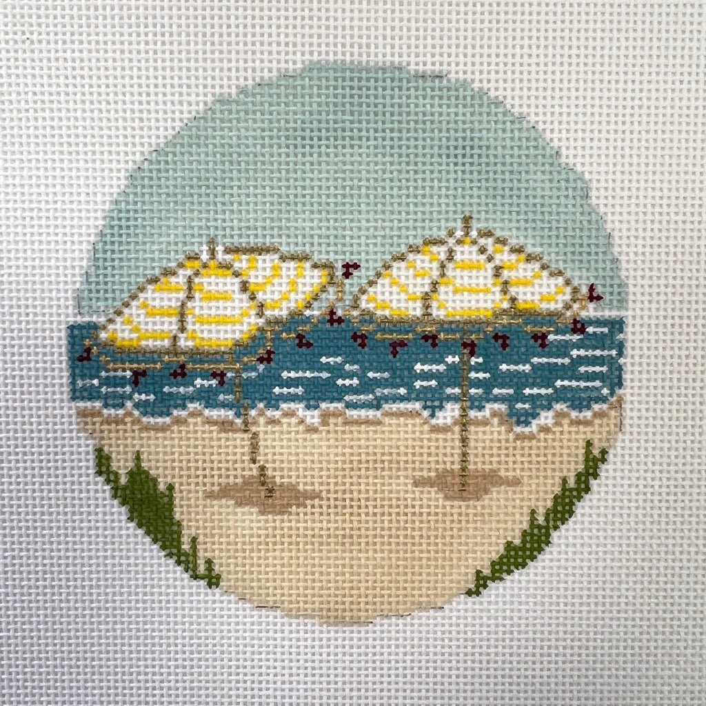 Yellow & White Beach Umbrellas Round Ornament/Insert needlepoint canvas - Bargello Needlepoint