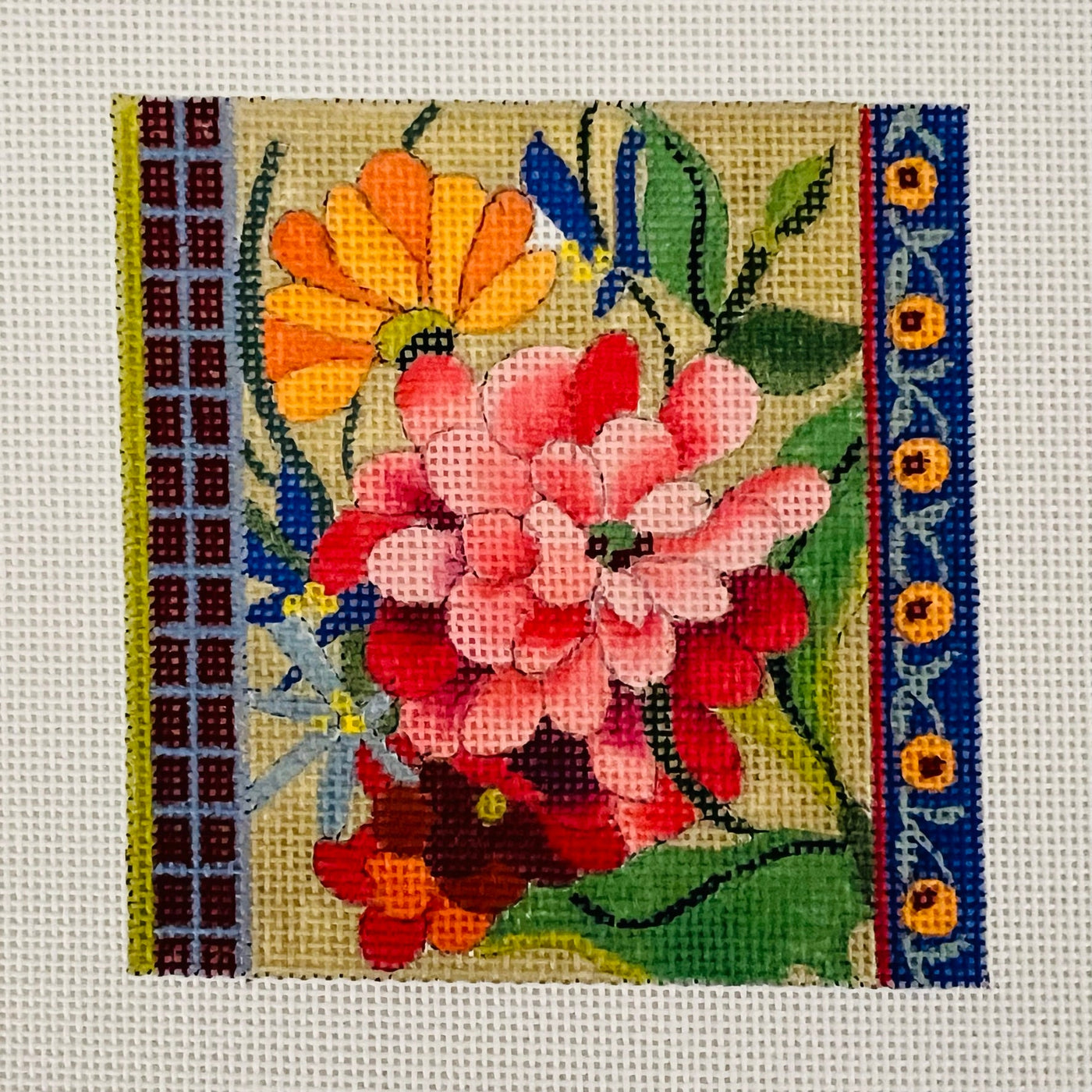 Zinnia Spring Garden Coaster/Insert needlepoint canvas - Bargello Needlepoint